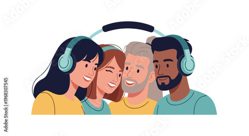 Diverse friends sharing headphones and listening to music together with big smiles