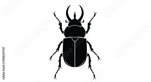 A striking black silhouette depicts a rhinoceros beetle viewed from directly above high quality professional detailed