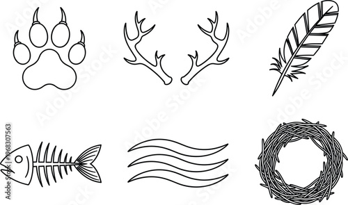 Collection of black linear wildlife icons featuring a paw print deer antlers feather fish bone water waves and bird nest on white background.