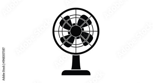 A simple black and white illustration of a circular electric fan with a pedestal base