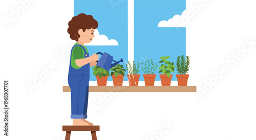 A young child standing on a stool waters several potted plants on a windowsill