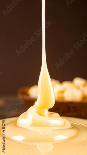 Close-up shot of a stream of creamy, beige liquid pouring into a bowl, with a brown backdrop and blurry ingredients