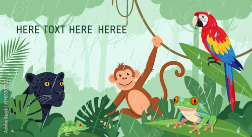 Jungle animals including monkey panther parrot and frog.