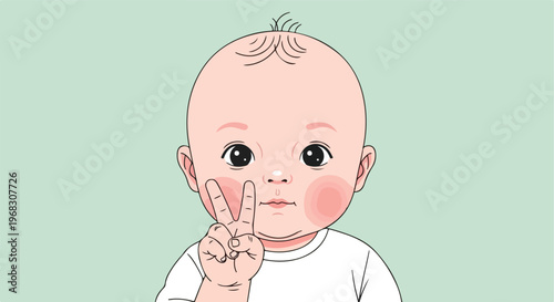 A cute cartoon baby showing a peace sign with a light green background display