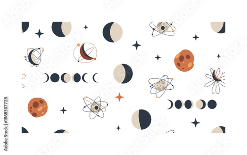 moonlight motifs seamless pattern, repeating pattern, surface design, textile print, modern illustration of crescent, half and full moons, stars, orbit lines
