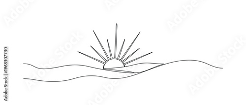 Hopeful Horizon. Minimalistic one-line drawing distant hills with rising sun, continuous single black line on white background, simple outline style, no
