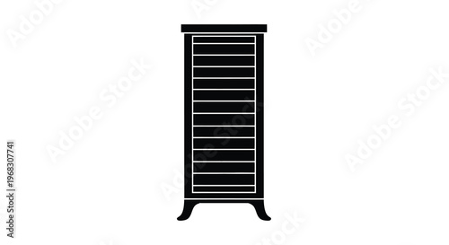 A simple black silhouette depicts a tall narrow cabinet with multiple horizontal slats high quality professional