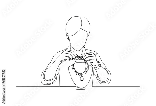 Jewelry Artisan. Minimalistic one-line drawing person shaping and assembling handmade necklace or bracelet, continuous single black line on white background,