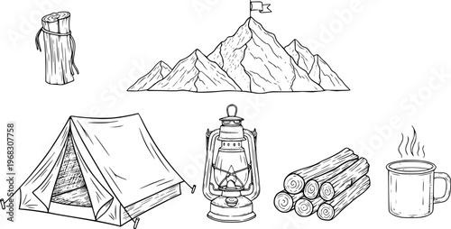 Hand Drawn Camping Scene With Tent Lantern Mountains Firewood And Hot Drink