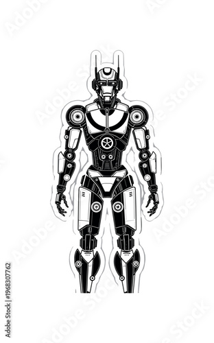 steam-powered robot geometric frames semicircles and abstract wheel icons detailed black and white humanoid robot with mechanical joints and retro-futuristic