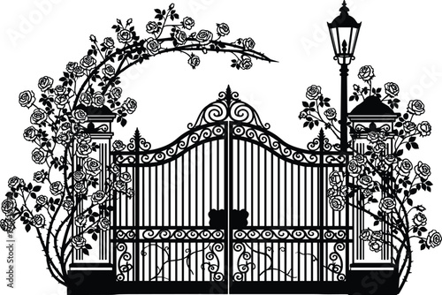 Elegant Black Silhouette of Ornate Wrought Iron Garden Gates Decorated with Climbing Rose Flowers and Vintage Street Lamp for Romantic Estate Entrance Design