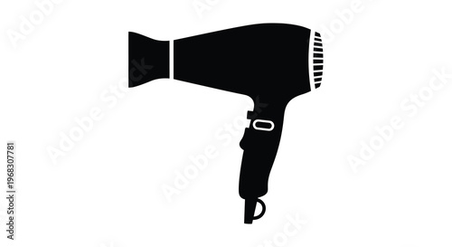 A simple black silhouette depicting a modern hair dryer commonly used for styling high quality professional