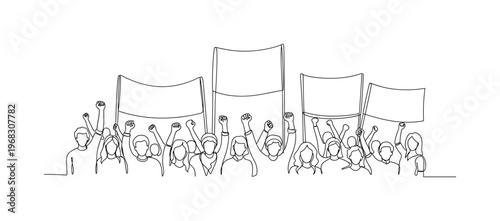 Human Rights Rally. Minimalistic one-line drawing crowd of activists with raised fists and banners, continuous single black line on white background, simple