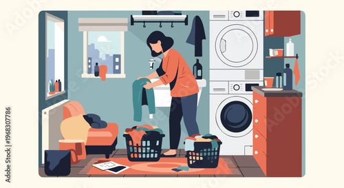 A woman in a home laundry room sorting clothes into baskets by stacked machines