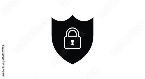 A black shield icon prominently features a white padlock symbolizing security and data protection high quality