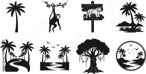 Collection of black wildlife icons including animal paws deer antlers bird feather fish bone water waves and nest isolated on white background for design.