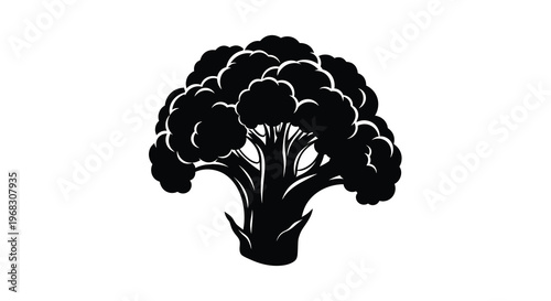 A stark black and white illustration depicts a single head of broccoli showcasing its florets