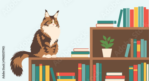 A fluffy cat sitting on a bookshelf filled with colorful books and a houseplant