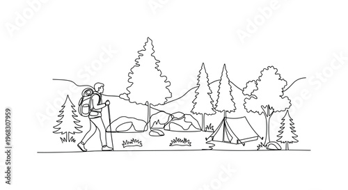 Nature Walk. Minimalistic one-line drawing individual hiking past trees, rocks, and tent in scenic area, continuous single black line on white background,
