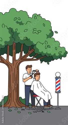A barber cuts a customer's hair while sitting under a large tree outdoors now