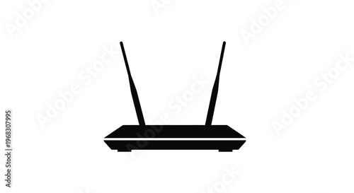 A simple black silhouette depicting a wireless router with two prominent antennas high quality professional detailed