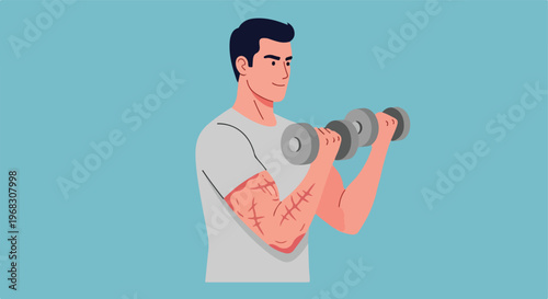 A man in a grey shirt with skin scars doing a dumbbell curl exercise routine