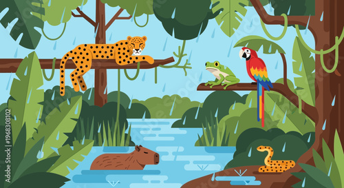 Vibrant Amazon Rainforest Wildlife Scene with Diverse Animals.