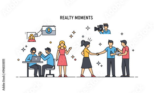 Reality TV moments behind-the-scenes drama scene where crew and contestants interact while small sparkle and star icons emphasize preparation, tension, and
