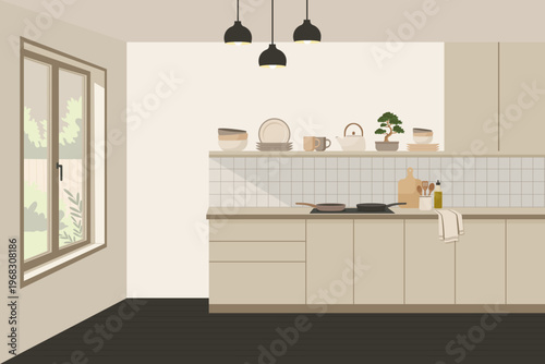 Modern kitchen interior with window and furniture in japandi style vector illustration.