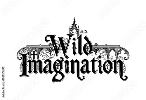 Wild Imagination. lettering and all elements in black. Vector style. AWhite background. Pure white background. Perfect isolation and visual consistency.