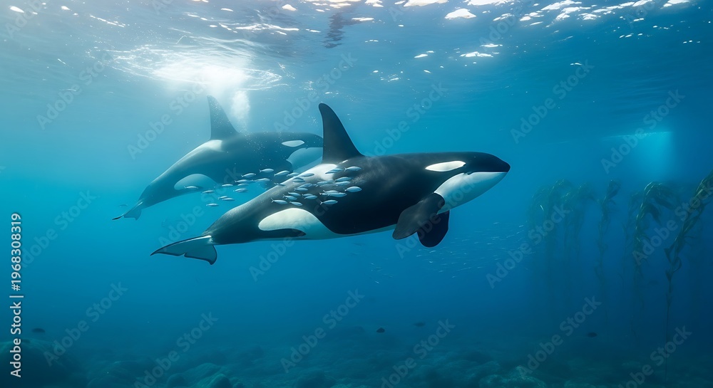 Obraz premium Orcas Swimming Underwater