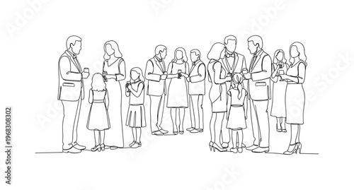 Formal Family Gathering. Minimalistic one-line drawing adults and children in elegant outfits mingling at event, continuous single black line on