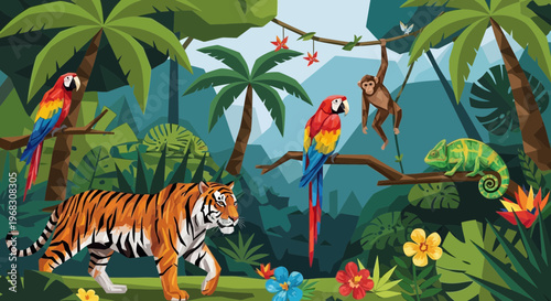 Vibrant Jungle Scene with Majestic Tiger and Exotic Wildlife.