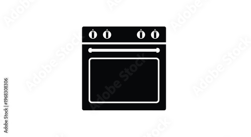 A simple black silhouette illustration depicts a modern electric range with knobs and oven high quality