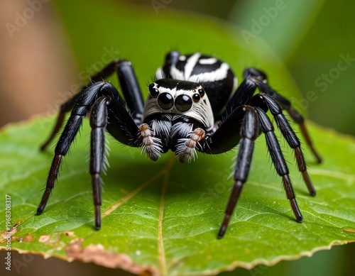 Close-up shot of a striking arachnid with striking black and white markings perched on a green leaf