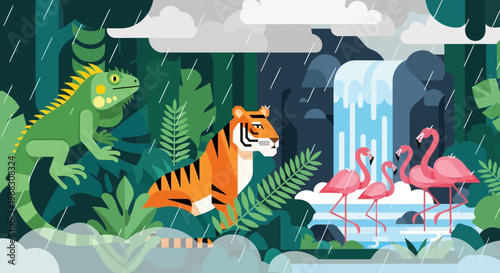 Vibrant Jungle Scene with Tiger Iguana Flamingos and Waterfall.