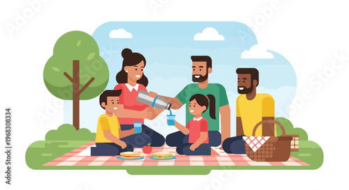 A happy family having a fun outdoor picnic in a park on a sunny summer day