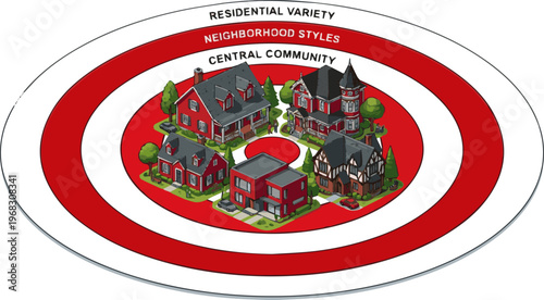 Create a realistic kinds of deferent Red house in the center of the target vector art with white background..