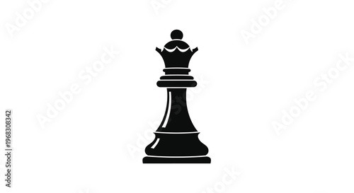 A stark black silhouette of a chess queen prominently displayed against a plain white background
