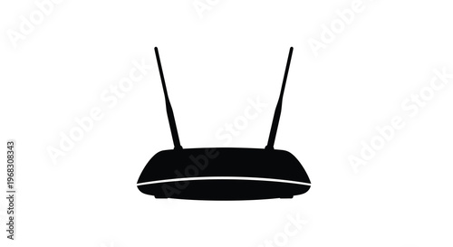 A minimalist black silhouette depicts a wireless router with two prominent antennas facing upwards high quality