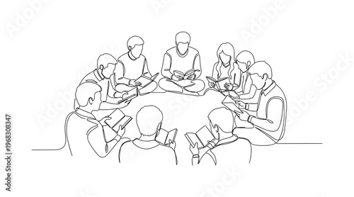 Literary Meetup. Minimalistic one-line drawing individuals sharing thoughts on books in group, continuous single black line on white background, simple outline