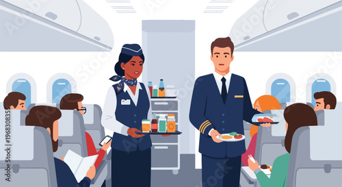 Flight crew serving meals and drinks to passengers inside a commercial aircraft