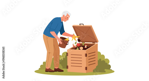 An elderly man dumps organic food waste from a small bucket into a compost bin