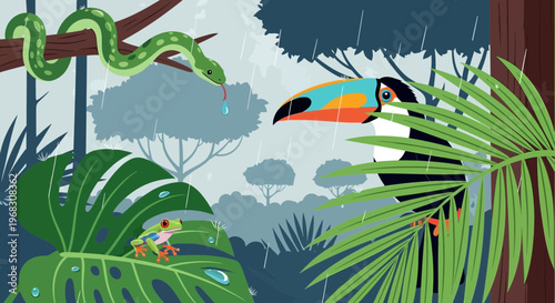 Vibrant Toucan and Green Snake in Lush Jungle.
