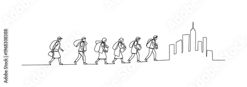 Cityward Migration. Minimalistic one-line drawing people carrying belongings moving toward city, continuous single black line on white background, simple