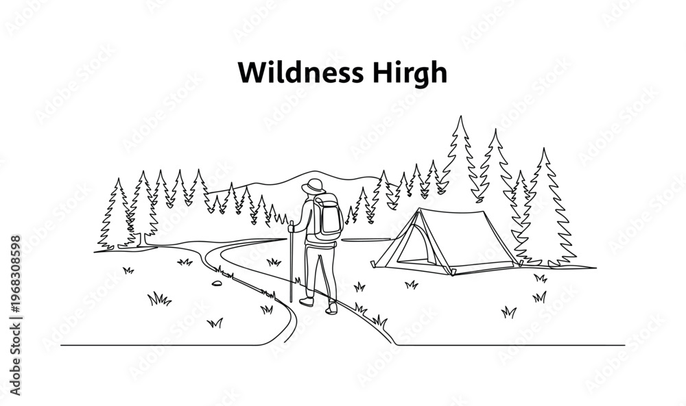 Obraz premium Wilderness Hike. Minimalistic one-line drawing person on trail surrounded by forest and campsite with tent, continuous single black line on white background,