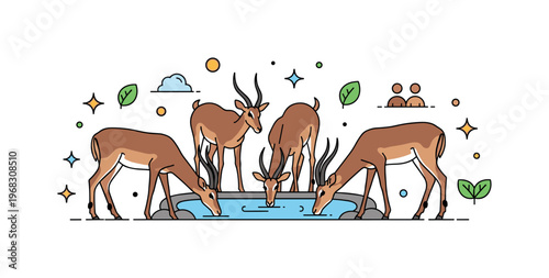 Impalas waterhole group scene where a herd drinks and interacts at a small pond while small sparkle and leaf icons emphasize community, survival, and natural