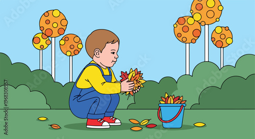 A small child in overalls squats in a park, gathering fallen autumn leaves