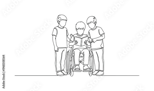 Accessible Education. Minimalistic one-line drawing child in wheelchair learning alongside peers, continuous single black line on white background, simple