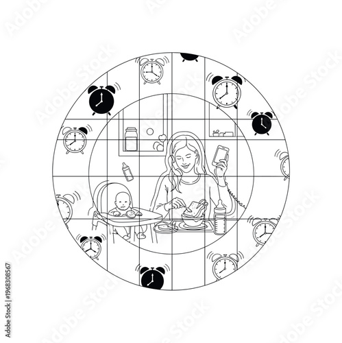 morning chaos circular grids thin lines and abstract alarm icons realistic monochrome mom handling breakfast, baby, and phone calls in busy household with